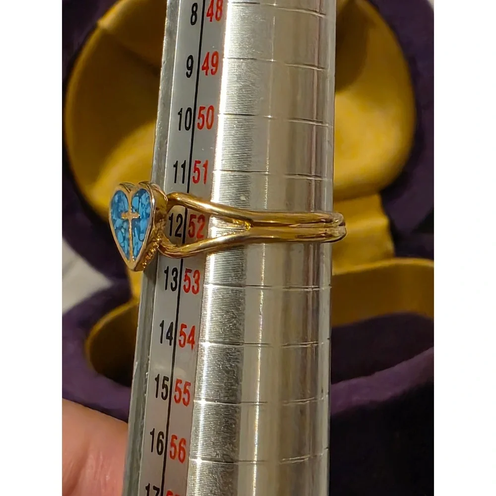 Vintage Style‎ Gold Tone Adjustable Ring Turquoise Heart Cross Faith Jewelry